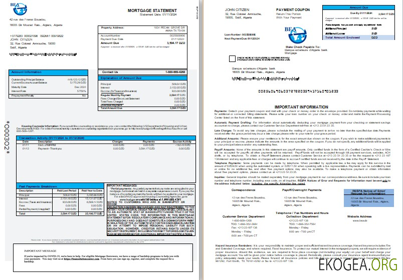 Algérie Relevé hypothécaire de la Banque extérieure d'Algérie, 3 pages 1 , 2 scr